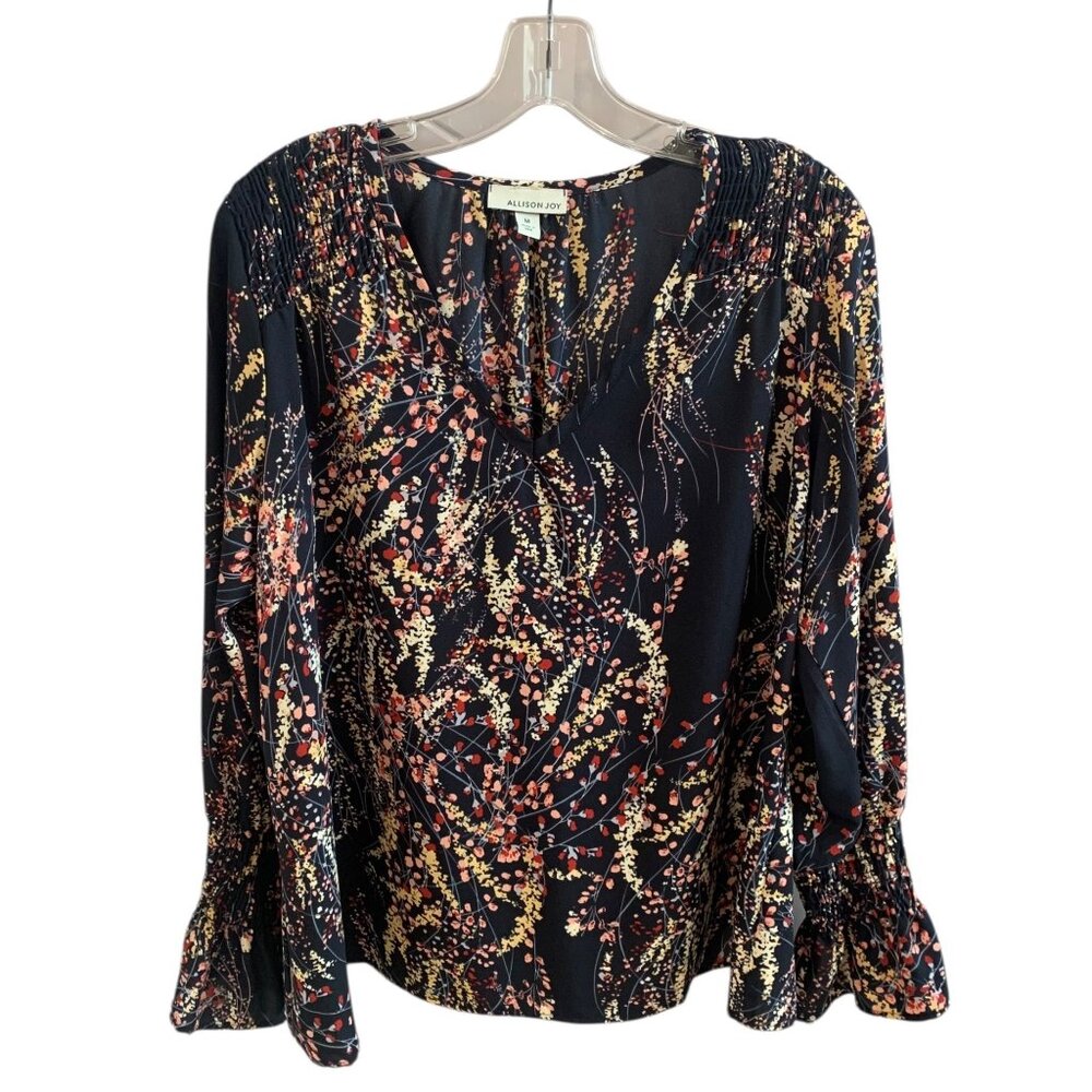 ALLISON JOY Navy Floral Print Smocked Bell Sleeve Women's Blouse Size Medium